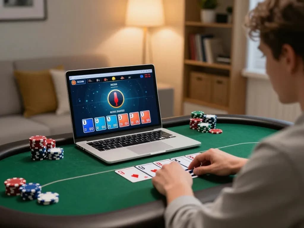 Player enjoying cm88 live poker game on laptop in a cozy home setting