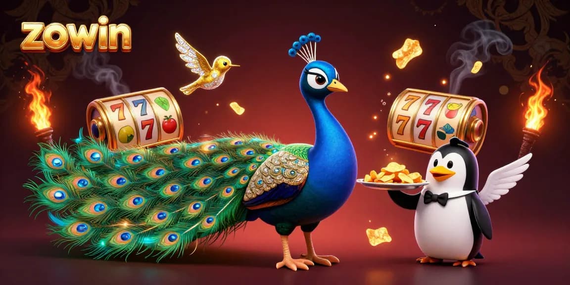 Zowin showcases vibrant slot game elements with a dazzling peacock and penguin, symbolizing luck in gaming.