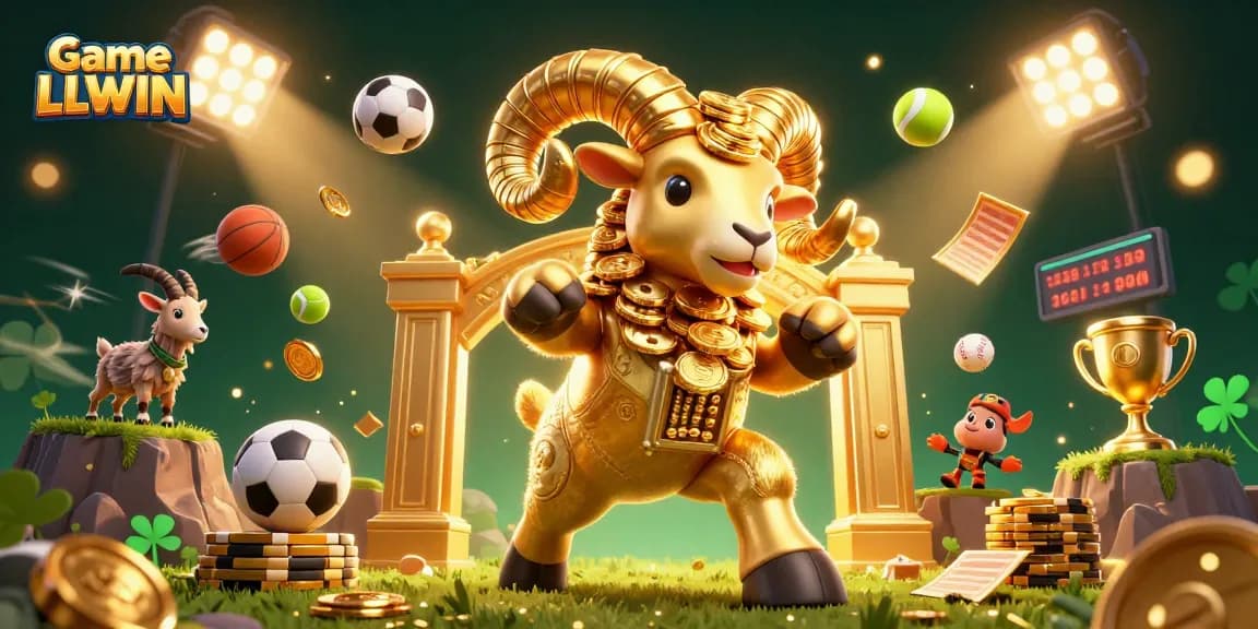 Experience the thrill of Game LLWIN with epic golden ram and dynamic sports elements in a vibrant setting.