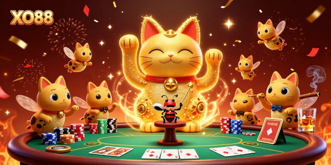 Experience the excitement at XO88 with a lively illustration of golden fireflies and vibrant casino symbols.