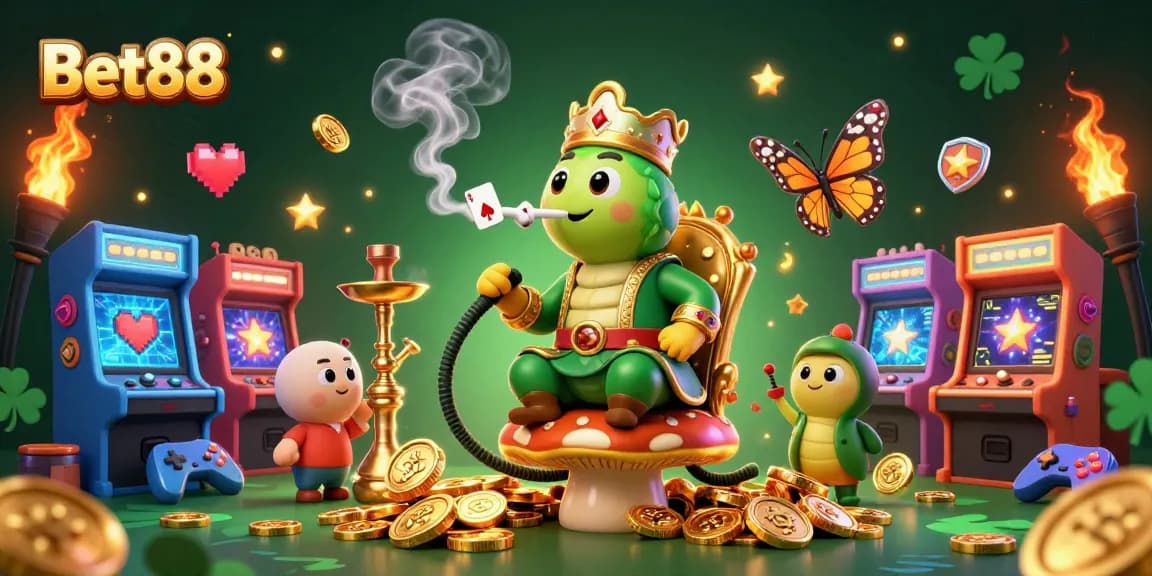 Bet88 gaming scene showcasing a caterpillar master, colorful arcade machines, and vibrant casino elements.