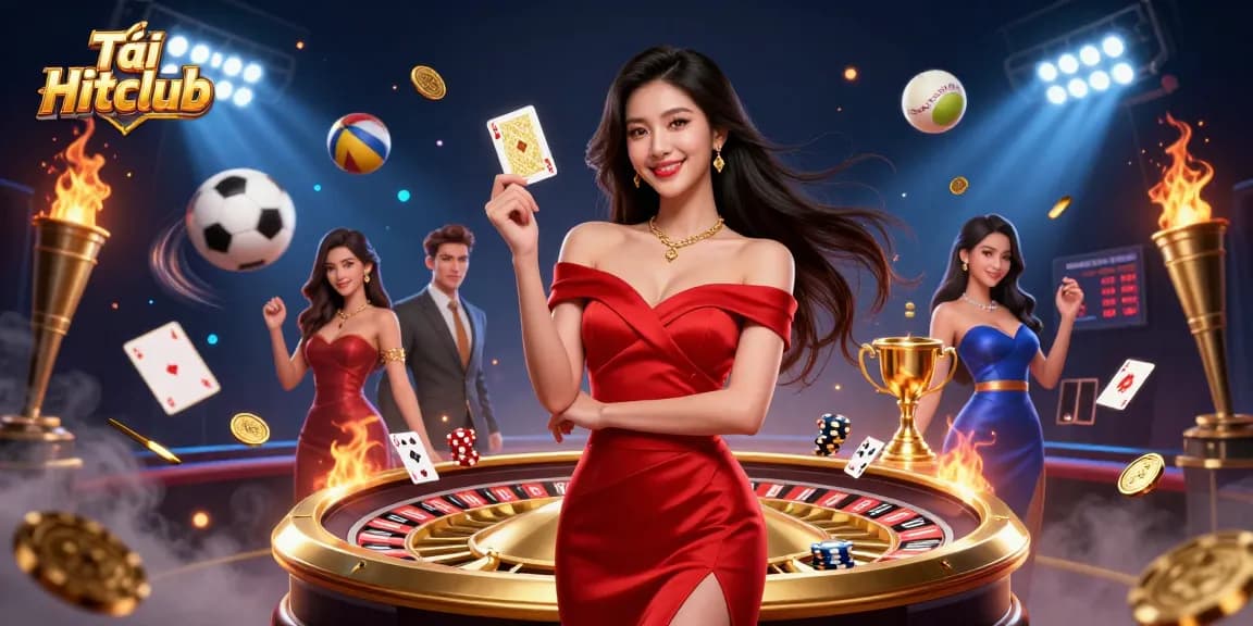 Play and win at Tải Hitclub with a stunning casino experience featuring a beautiful woman and action-packed elements.