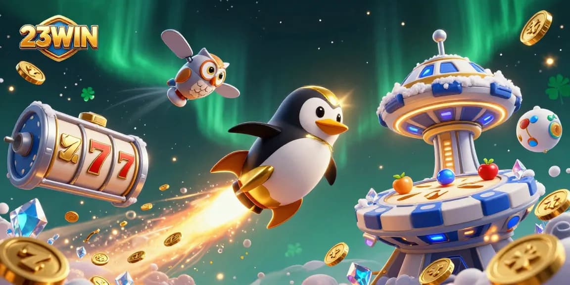 Engage in thrilling play at 23WIN with a dynamic casino scene featuring a golden penguin and exciting slot elements.