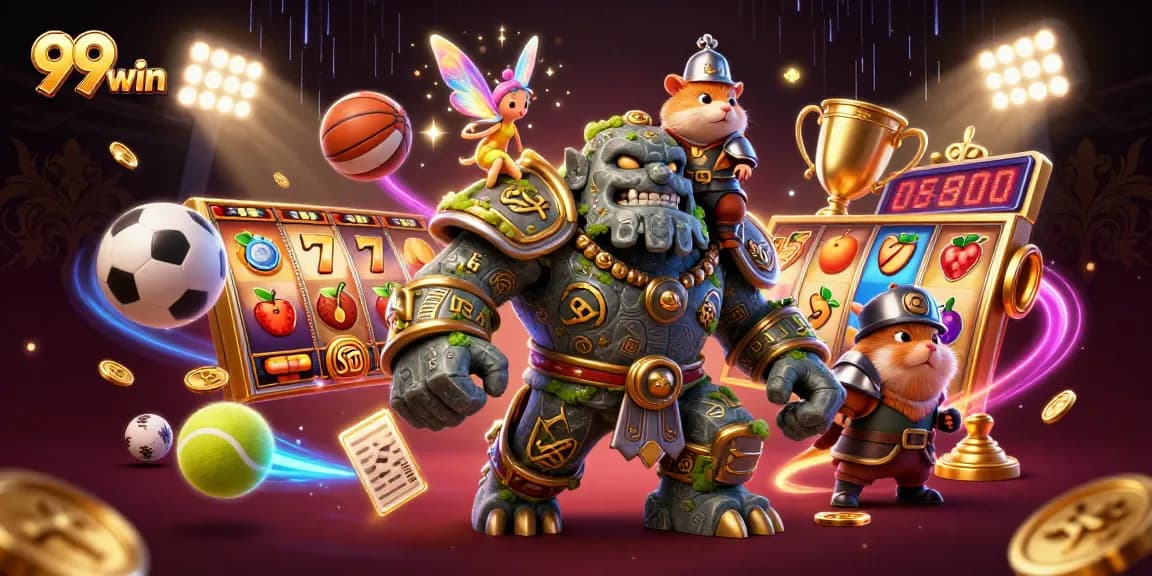 Experience the excitement of 99win with a 3D cartoon golem guardian and dynamic casino elements.
