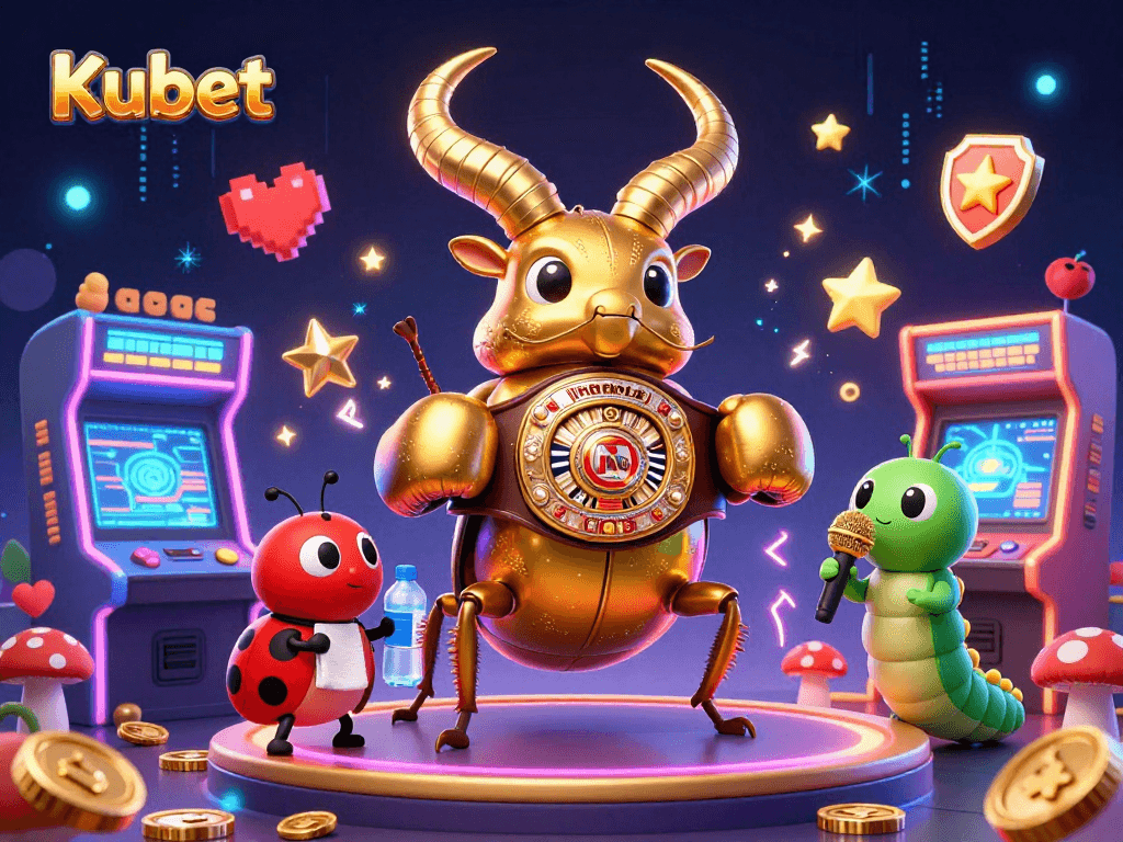 Kubet's exciting gaming environment features a golden stag beetle boxing champion illuminated by neon lights.