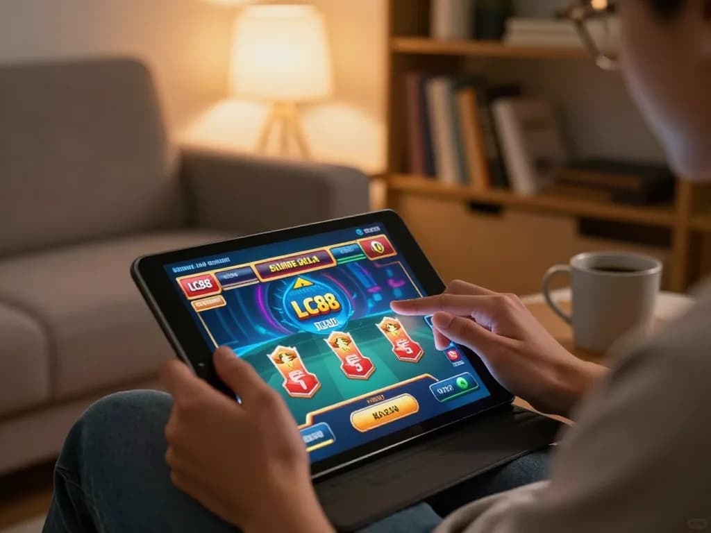 Engaging gameplay on LC88 mobile app in a cozy home setting.