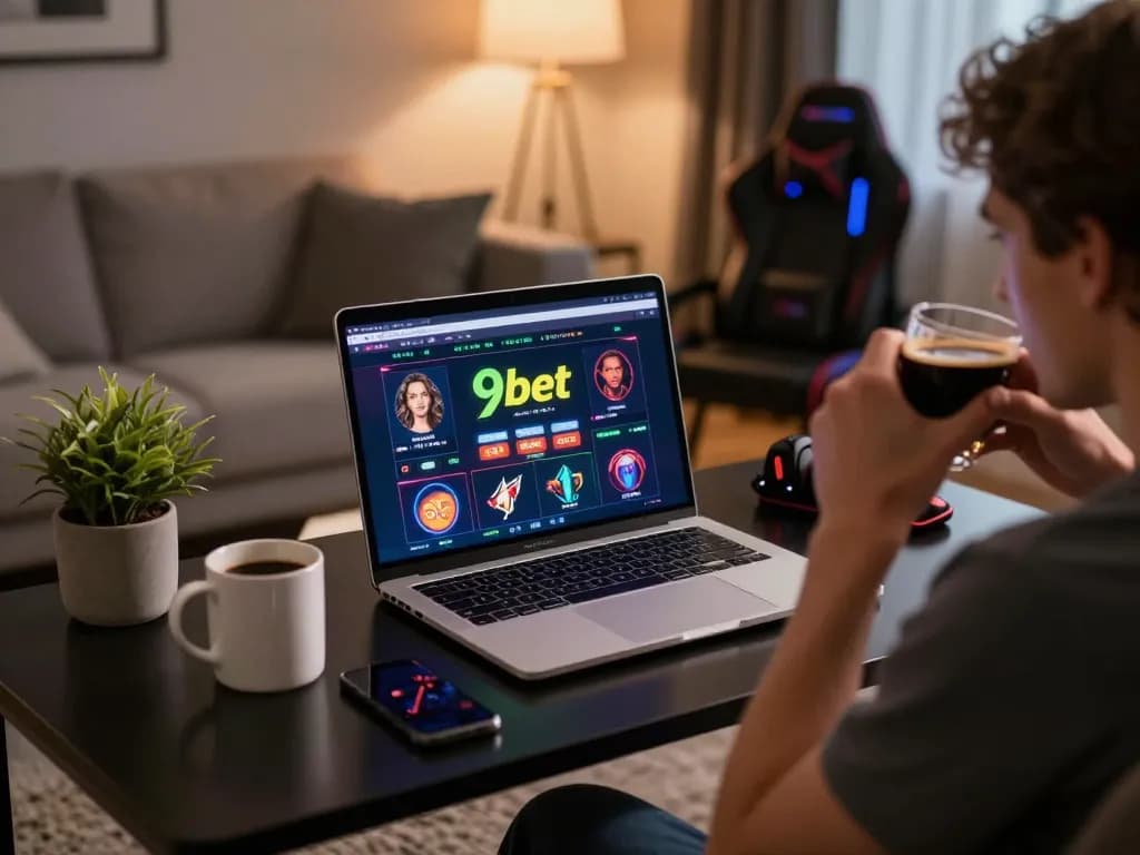 Enjoying a strategic online gaming session with 9bet casino interface on a stylish laptop.