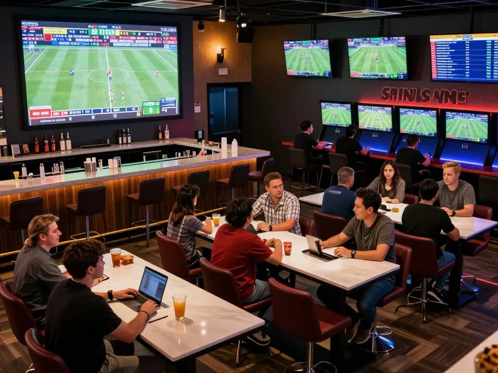 Excited bettors placing wagers at F168 nhà cái sports betting lounge with large screens displaying live games.