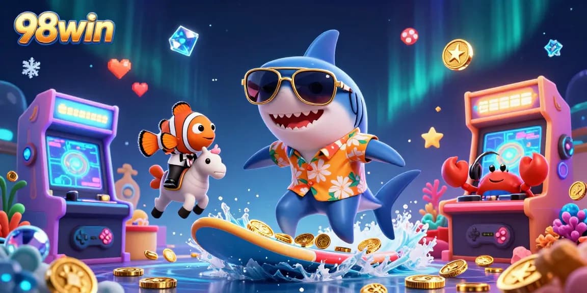 Engage in thrilling gameplay with 98win as a hammer-head shark surfs on coins