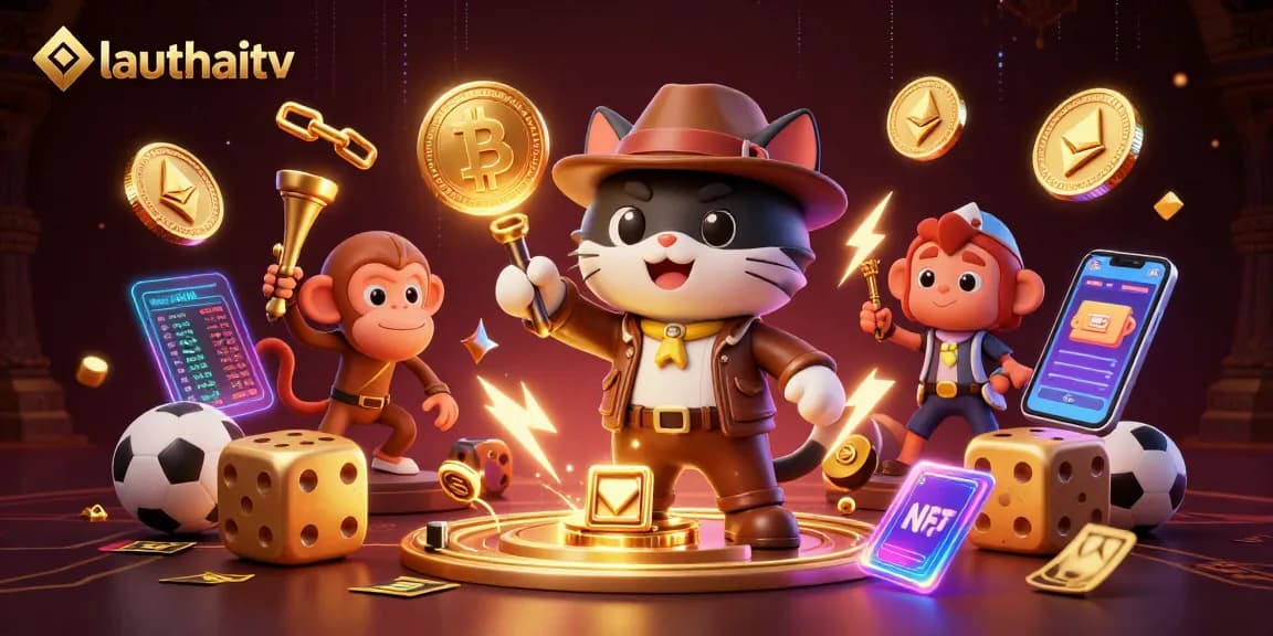 Engage with lauthaitv's thrilling live sports betting adventures featuring cartoon characters in a dynamic scene.