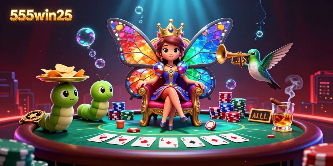 Experience thrilling gameplay with 555win25 in a vibrant casino scene featuring colorful characters and poker elements.