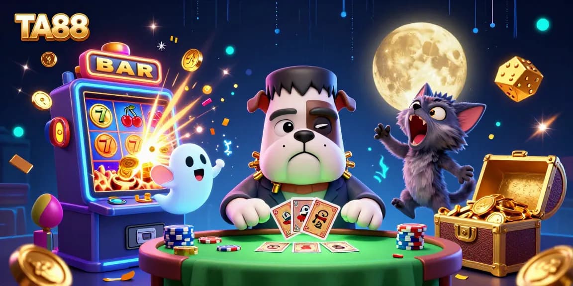 TA88 casino scene with a Frankenstein bulldog, ghost mouse, and golden werewolf kitten amid vibrant slot elements.