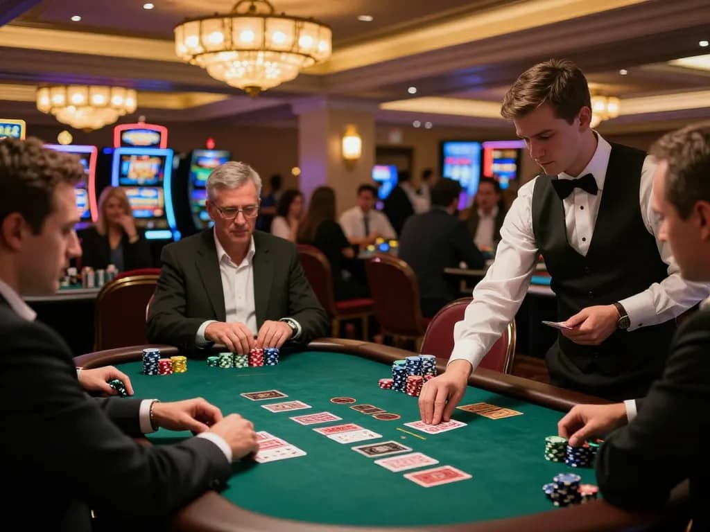 soibetzz players strategizing at an upscale blackjack table in a vibrant casino