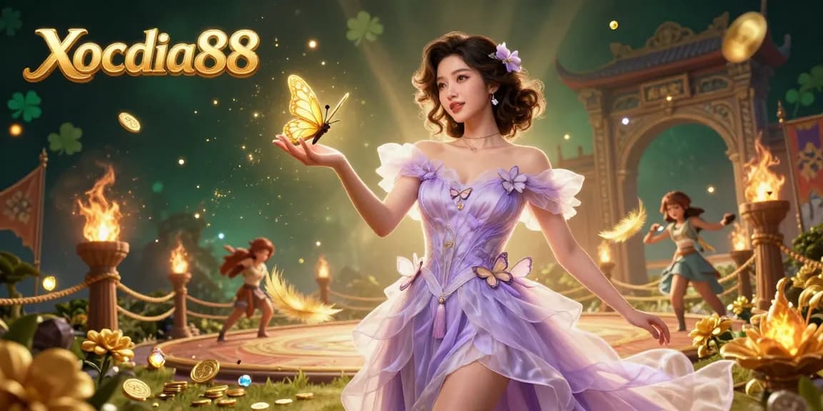 Xocdia88 engages players with a vibrant 3D illustration featuring a stunning Asian woman in a magical garden, surrounded by captivating game elements.