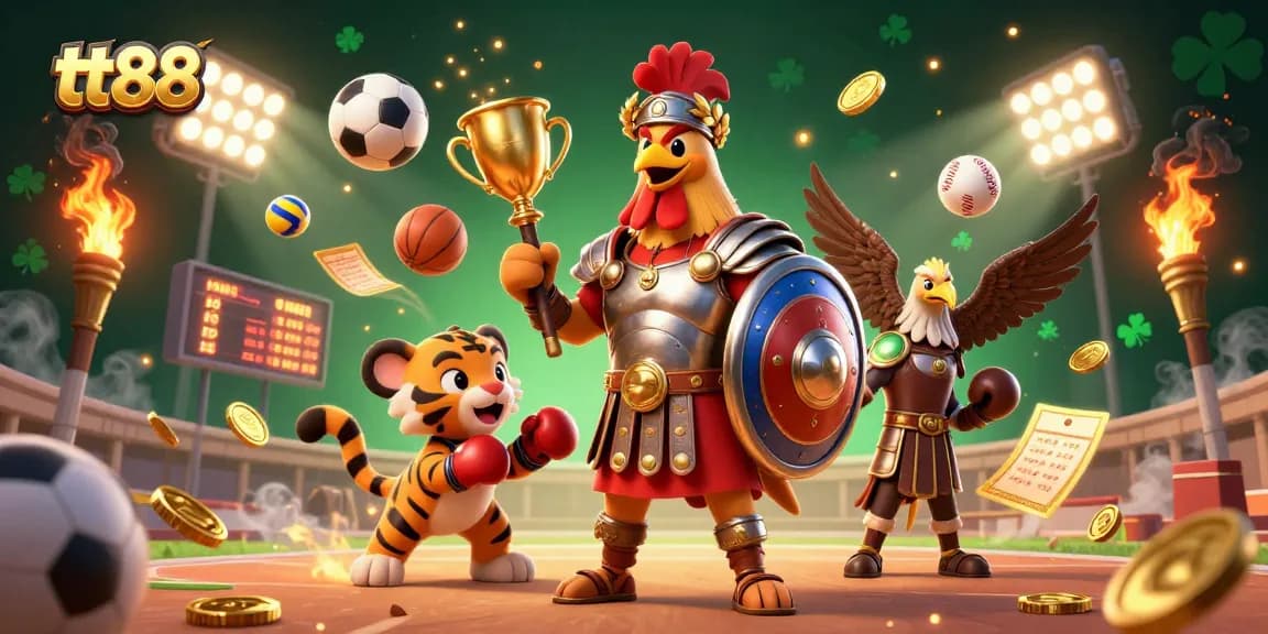 Engage with thrilling sports betting action at tt88 featuring a fierce rooster and sparring cub.