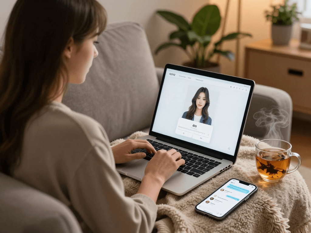 Young woman using AI girlfriend app on laptop in cozy home office