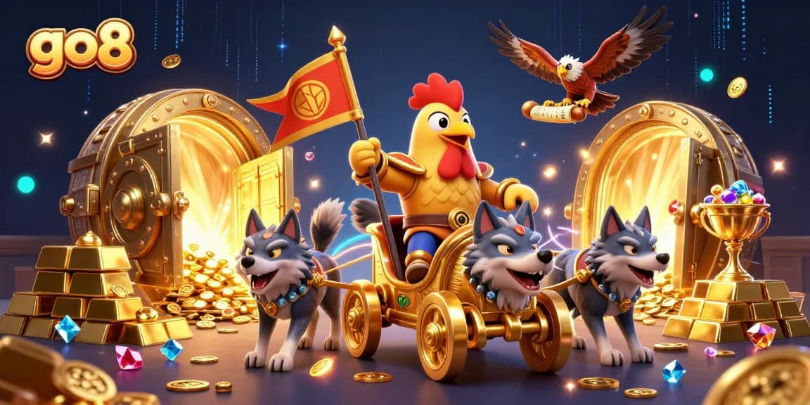 Experience thrilling gameplay at go8 with a 3D cartoon rooster warlord amid treasure and excitement.
