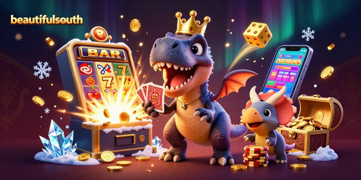 beautifulsouth showcases a lively casino scene with a friendly T-Rex shuffling cards, slot machine bursting with coins, and rolling dice.