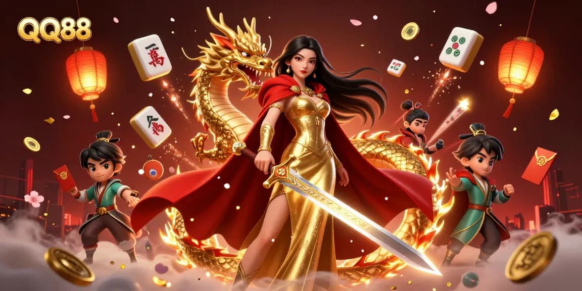 Experience thrilling gaming with QQ88, featuring a warrior queen and a golden dragon amidst vibrant casino elements.