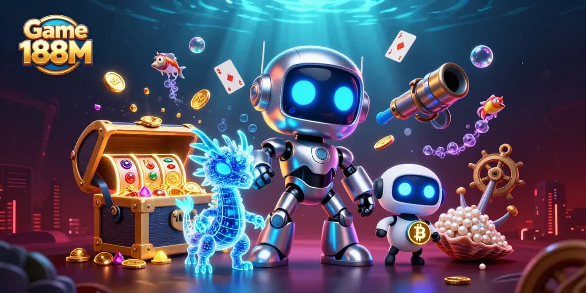 Engage with Game 188M in a vibrant underwater casino scene packed with slot reels and treasures.