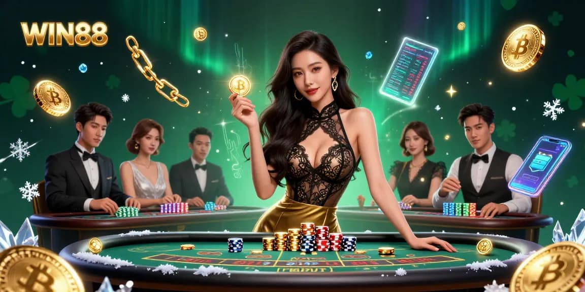 Win88 showcases a glamorous poker scene featuring an elegant Asian woman at a VIP table, surrounded by crypto elements.