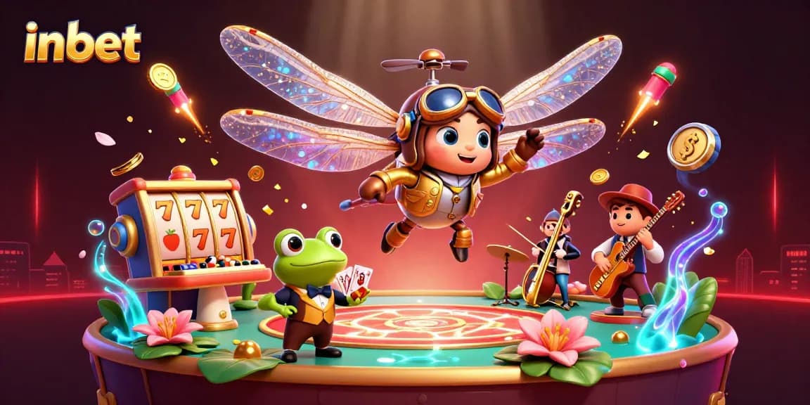 Experience inbet excitement with a vibrant scene of a dragonfly pilot, frog croupier, and jazzy cricket musicians