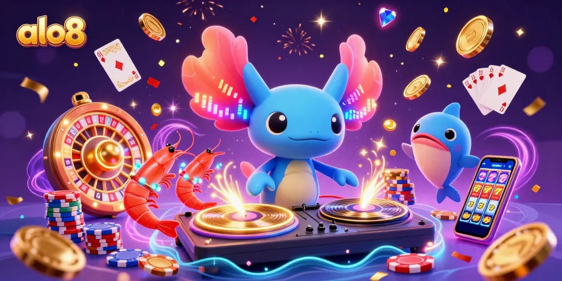 Experience the dynamic features of alo8 with a vibrant 3D casino scene showcasing exciting games and characters.
