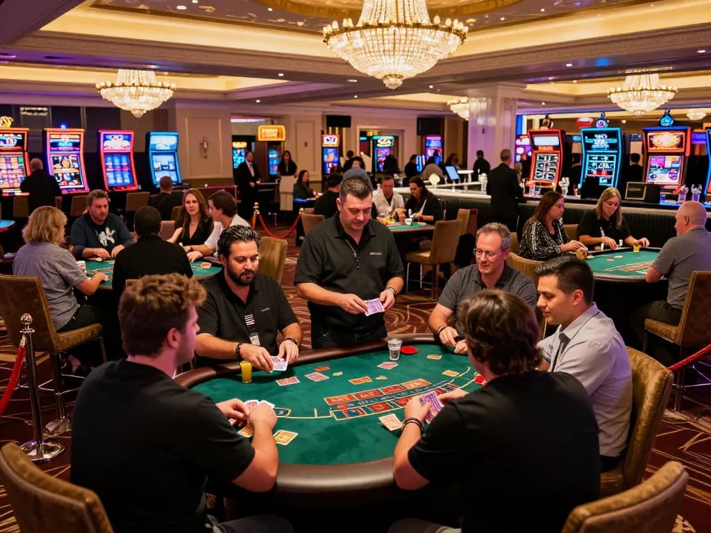Players enjoying blackjack at a vibrant casino floor in a hit-club atmosphere with dealers managing bets