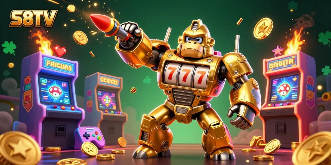 S8TV showcases a golden gorilla mech and vibrant casino elements celebrating winning spins