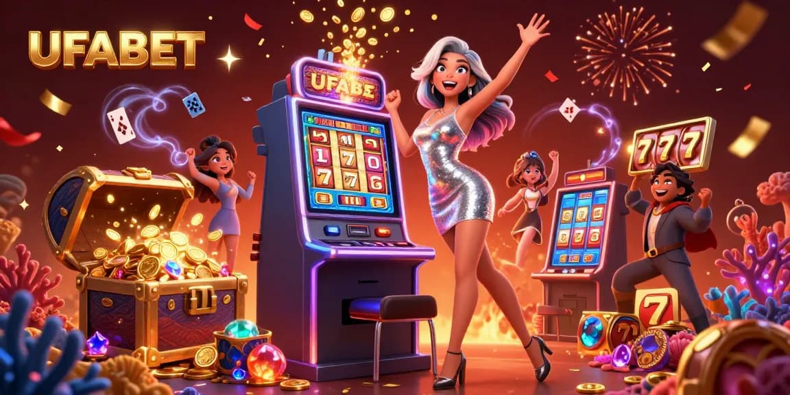 Win big at UFABET with a celebratory scene featuring an Asian woman and exploding slot machine coins.