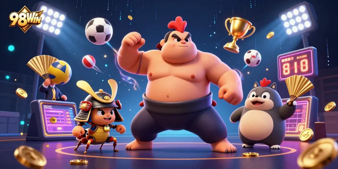 Experience thrilling gaming at 98WIN with colorful action-packed casino illustrations.