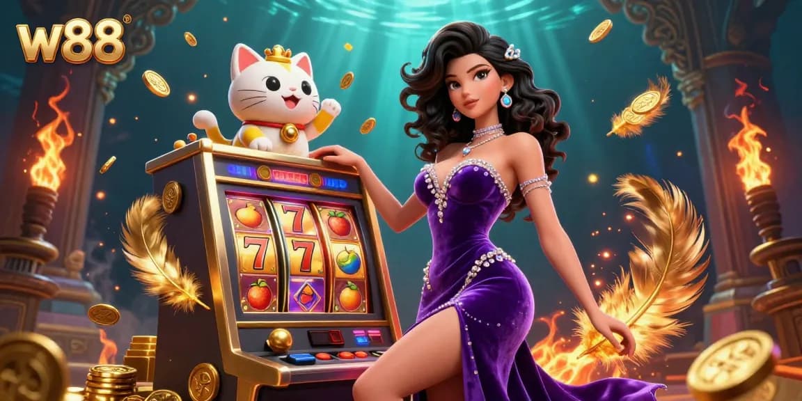 w88 slot game jackpot scene featuring a glamorous character and a waving fortune cat mascot