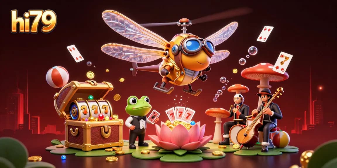 Spin lucky 7s and play cards with hi79 in this vibrant casino scene featuring lively characters.