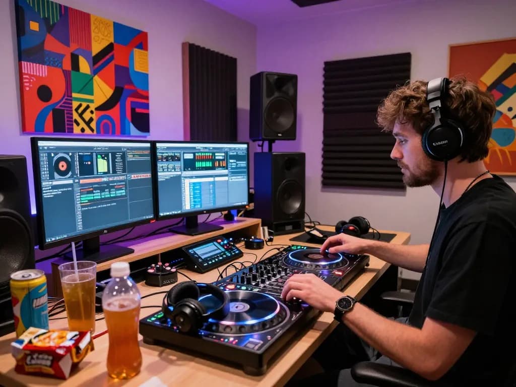 8Day music production studio showcasing DJ mixing tracks, colorful LEDs, and professional audio gear in a creative environment.