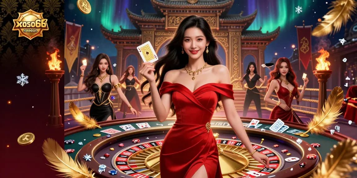 xoso66 showcases an elegant Asian woman with a golden playing card, surrounded by roulette elements and vibrant casino details.