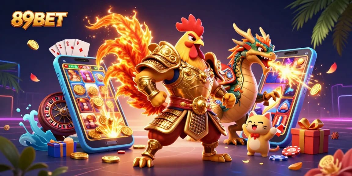 Engage with 89BET, featuring flamboyant characters in a vibrant casino scene packed with action.
