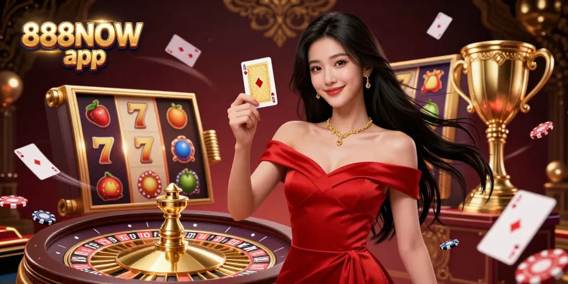 Experience the excitement of the 888NOW app with our lively casino illustration featuring a beautiful woman amidst slot game elements.