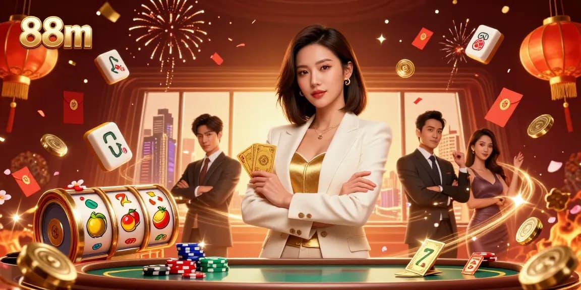 Engage with 88m slot games featuring a stylish businesswoman and vibrant casino elements.