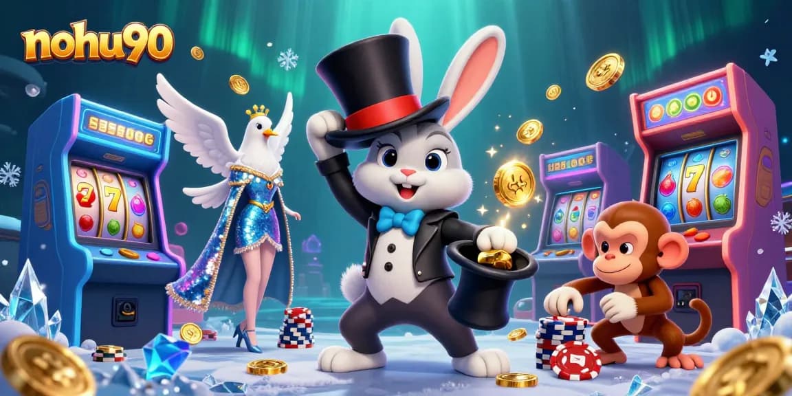Experience the excitement of nohu90 with a magician rabbit pulling coins, surrounded by casino game elements.
