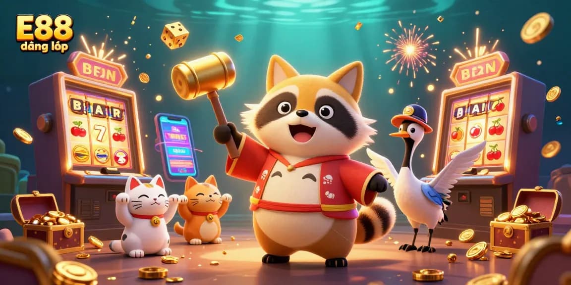 E88 đăng nhập with cheerful tanuki and lucky symbols in a vibrant casino setting.