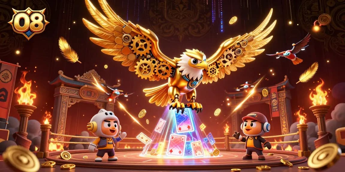 Experience the thrill of O8's golden eagle navigating through holographic cards in this dynamic casino scene.