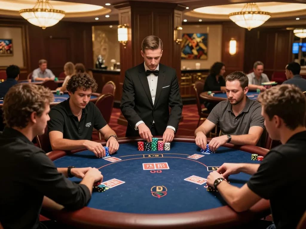 Betting in an upscale poker room highlights debet15 strategies, sophisticated gameplay scene.