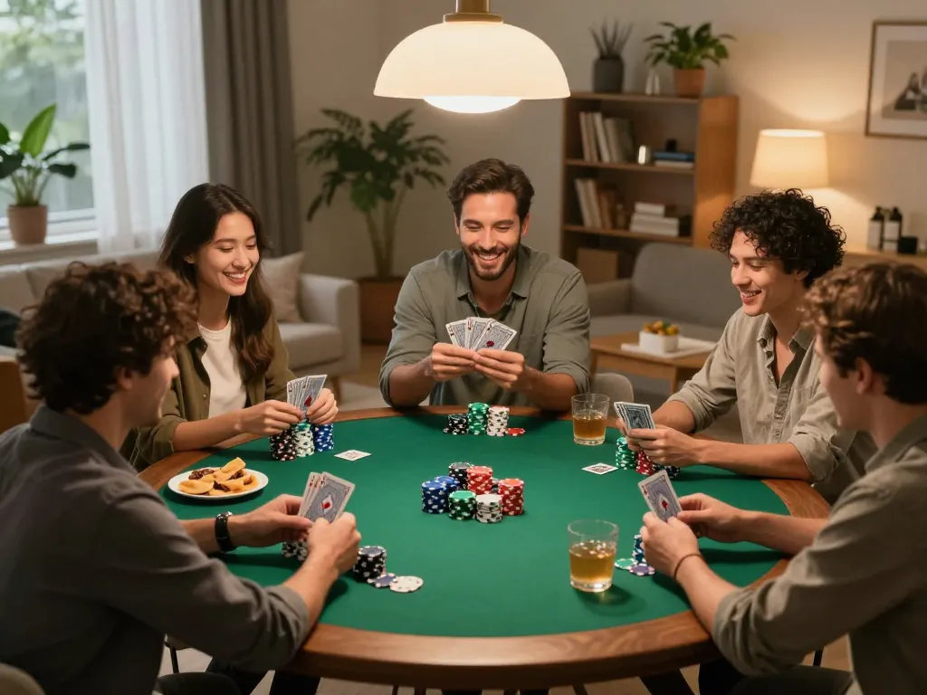 Friends enjoy poker night, showcasing Five88 gameplay with chips and drinks adding to the excitement.