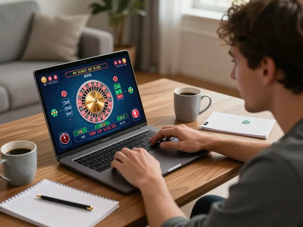 Experience luck8 gameplay on a laptop, betting on roulette during an immersive online session.
