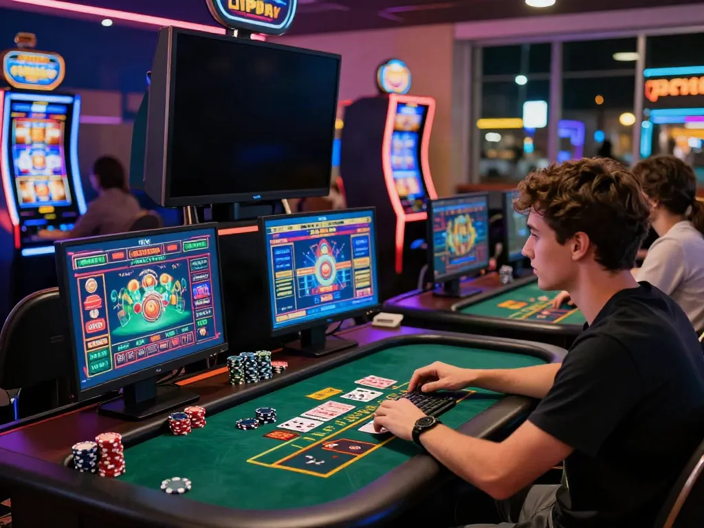 Engaged player at a non gamstop casino gaming setup with vibrant online visuals and gaming paraphernalia.