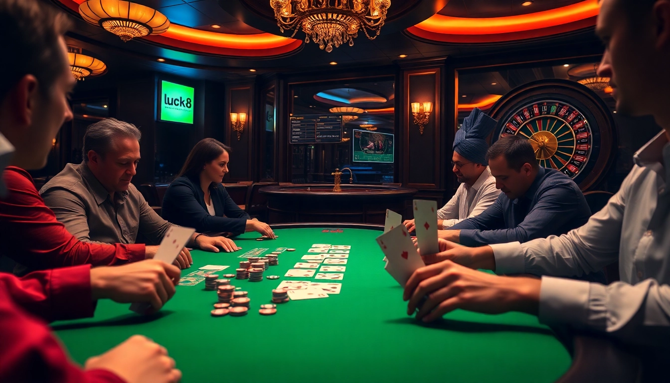 Players enjoying poker at a luxurious casino table, highlighting luck8's exciting gambling environment.