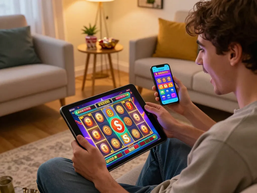 WinWin player enjoying a thrilling slot game experience on a tablet at home