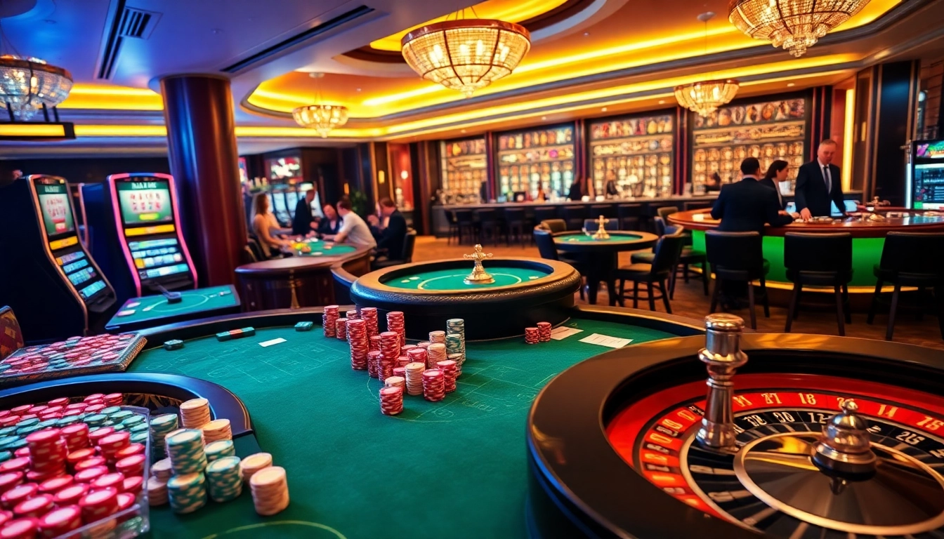 Players enjoying a thrilling casino experience with hm88-themed poker chips and vibrant slot machines.