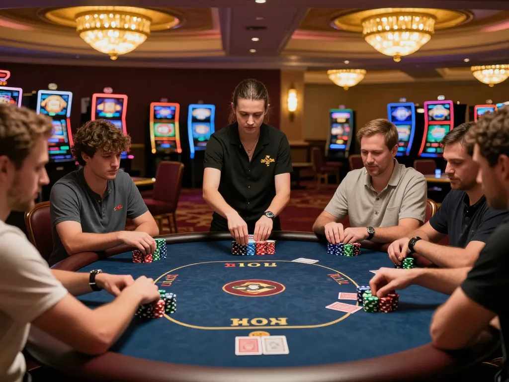 79KING poker players strategizing over colorful chips in a luxurious casino