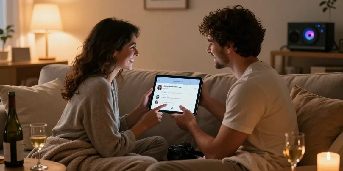 Couple enjoying an intimate evening with ai sex chat on tablet in cozy living room.